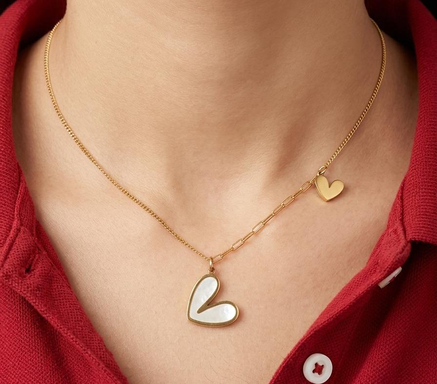 Waterproof 18K Gold PVD Plated White Shell Heart Necklace - Hypoallergenic & Anti-Tarnish