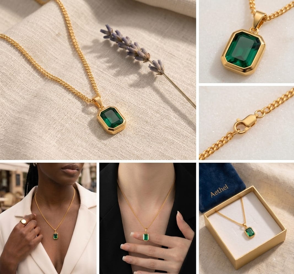 Waterproof 18K Gold PVD Plated Green Zircon Necklace - Hypoallergenic & Anti-Tarnish